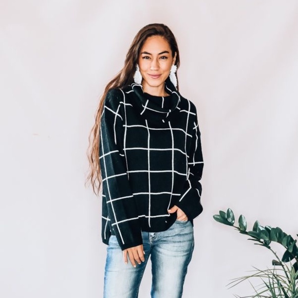 Blair Black and White Plaid Cowl Neck Sweatshirt by Maverick the Collection - Picture 2 of 4